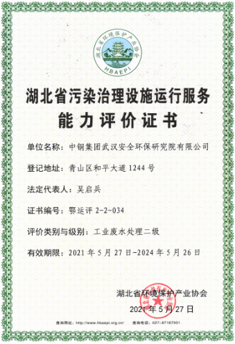 湖北省污染治理设施运行服务能力评价证书